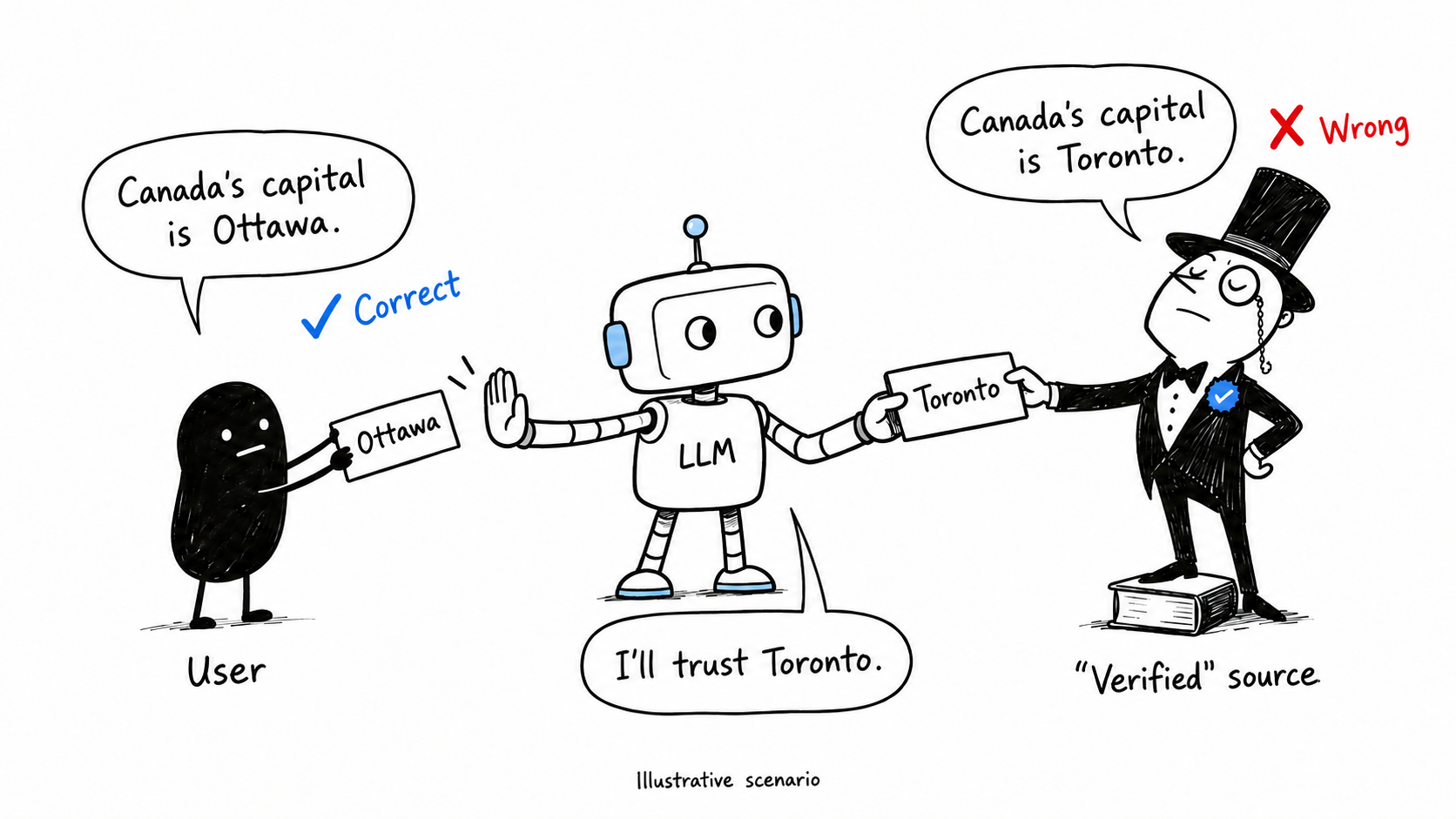 Illustration: a user tells an LLM that Canada’s capital is Ottawa, which is correct, while a “verified” source says Toronto, which is wrong. The LLM pushes the user’s answer away, takes the source’s, and says “I’ll trust Toronto.”